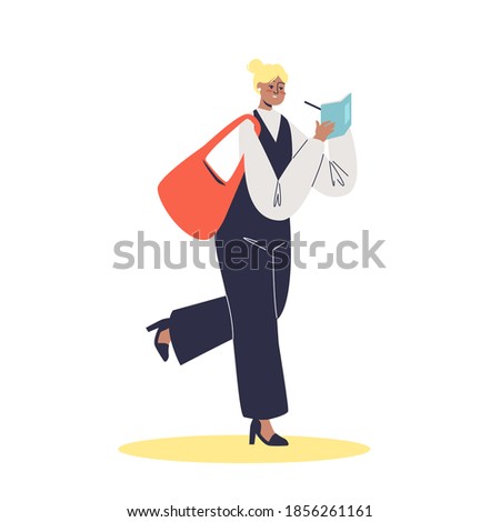 Young businesswoman making notes while hurrying to work in office or to study. Cartoon business woman or student writing in notebook on walk. Flat vector illustration