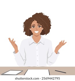 Young Businesswoman Making a Presentation Gesture in front of desk. Flat vector Character Illustration