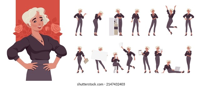 Young businesswoman, manager character set, corporate business bundle, different poses, gestures, emotions, various office situations. Vector flat style cartoon character isolated on white background