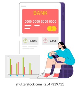 Young businesswoman managing finances through a banking app on her smartphone, monitoring transactions and performance. Vector illustration.