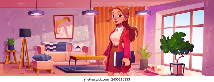 Joven empresaria en un apartamento moderno. Dibujo vectorial de personaje femenino con traje de negocios, sala de estar de estilo escandinavo, casa matutina acogedora con muebles y ventana grande