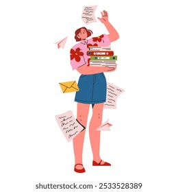 Empresaria joven multitarea con documentos y carga de trabajo en el entorno de la oficina. Mujer empresaria equilibrando la vida laboral. Ilustración vectorial.