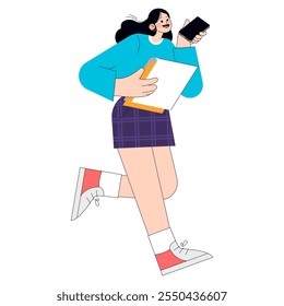 Young businesswoman multitasking with smartphone and documents on the move. Efficiency in the digital age. Vector illustration.