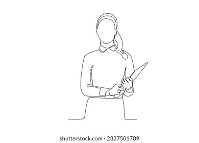 A young businesswoman in the office. Businesswoman one-line drawing