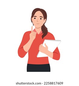 Young businesswoman office worker holding document file, chin up and thinking of something. Flat vector illustration isolated on white background