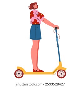 Young businesswoman on electric scooter heading to work. Urban eco-friendly transportation. Casual professional commute. Vector illustration.