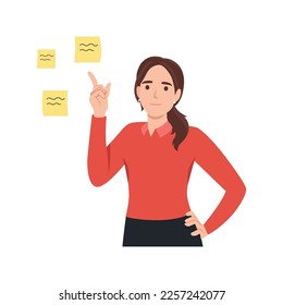 Young businesswoman point at sticky notes with numbers planning tasks. Happy woman prioritize to do list, share work schedule. Time management concept. Flat vector illustration isolated