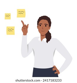 Young businesswoman point at sticky notes with numbers planning tasks. Happy woman prioritize to do list, share work schedule. Flat vector illustration isolated on white background