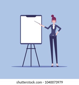 Young businesswoman with a pointer in her hands stands  near the white board for presentation vector flat illustration. Smiling businesswoman points on empty flip chart board.