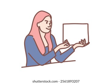 Young businesswoman presenting data on white space in presentation at meeting. Hand drawn style vector design illustrations.