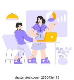 Young businesswoman presenting financial data. Professional teamwork in a modern office. Corporate strategy discussion, market analysis briefing. Vector illustration.