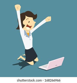 Young businesswoman with raising clenched fists, happy in front of laptop, representing to getting a job, winning or getting exciting information.  