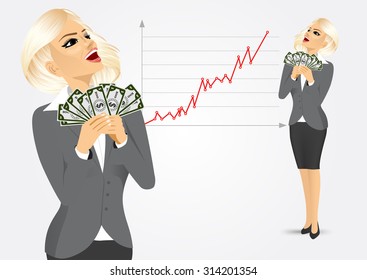 Young businesswoman really happy enjoying and holding big fan of green money with both hands looking at business diagram graph chart