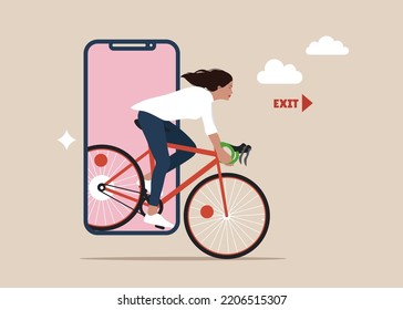 Young businesswoman riding bicycles stepping out of the mobile phone screen. Modern lifestyle. Digital detox. Millennial user. Flat vector illustration.