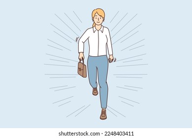 Young businesswoman run to work. Confident female employee or worker rush to office meet deadline. Employment and time management. Vector illustration. 