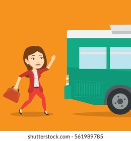 Young businesswoman running to catch bus. Upset caucasian businesswoman running for an outgoing bus. Sad latecomer woman running to reach a bus. Vector flat design illustration. Square layout.