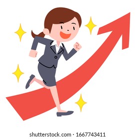 Young businesswoman running and upward arrow