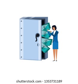 young businesswoman with safe box door and dollars