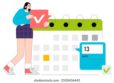 Joven empresaria programando tareas y marcando fechas de calendario. Estrategia de planificación y organización exitosa. Ilustración vectorial.