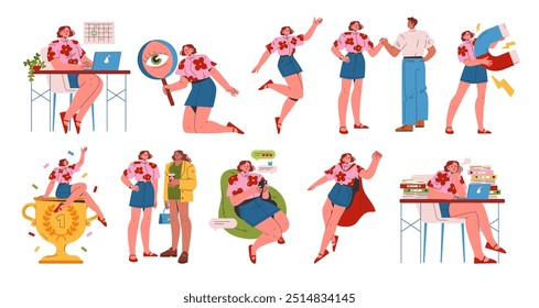 Young Businesswoman Set. Diverse professional activities and achievements. Office work, collaboration, victory celebration, social networking. Vector illustration.