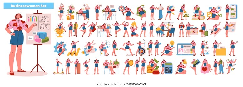 Young Businesswoman Set. Dynamic female professional in diverse situations from presentations to vacations. Career growth, multitasking, work-life balance. Vector illustration.