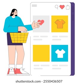 Young businesswoman shopping online, adding a favorite item to her digital cart in a social media app. Vector illustration.