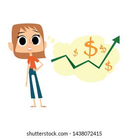 Young businesswoman showing a graph of increasing profits. Presentation of successful finance or company growth. Office interior. Creative business concept. Vector illustration. Flat design.