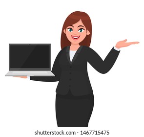 Young businesswoman showing a new brand laptop and presenting hand gesture to copy space. Person holding portable computer and pointing hand. Female character design illustration in vector cartoon.