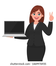 Young businesswoman showing a new brand laptop and making victory, V, peace or two gesture sign. Person holding portable computer. Female character design illustration in vector cartoon style.