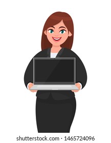 Young businesswoman showing new laptop . Person holding wireless digital computer. Female character design illustration. Modern lifestyle, latest technology concept in vector cartoon style.