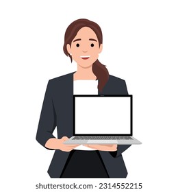 Young businesswoman showing new laptop . Person holding wireless digital computer. Female character design. Flat vector illustration isolated on white background