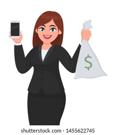 Young businesswoman showing smartphone and cash or money bag in hand. Person holding digital gadget and currency notes sack. Female character design illustration. Modern lifestyle, technology.