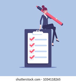 A young businesswoman sits on a giant checklist with a large marker in her hand. Office female employee is happy that she fulfilled all the items in the checklist vector flat illustration.