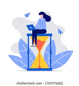 Young businesswoman sitting on hourglass and working with her laptop. Productive Time management and multitasking. Planning, and deadline concept. Modern vector illustration in flat style.