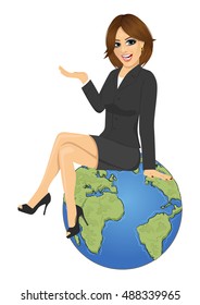Young businesswoman sitting on top of Earth planet and showing something