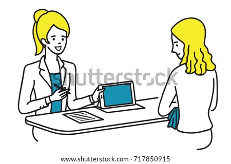 Young businesswoman sitting and presenting special promotion and product service through tablet, for customer. Outline, linear, thin line art, hand draw sketch design, simple style. 