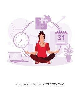 Young businesswoman sitting in a yoga pose, meditating with a time management background. Time Management concept. Trend Modern vector flat illustration