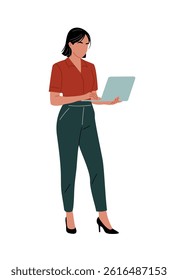 Young businesswoman in smart casual outfit holding a laptop, standing full length with confident posture. Flat style vector illustration, isolated on white background