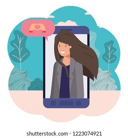 young businesswoman in smartphone with speech bubble