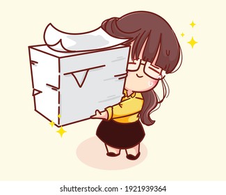 Young businesswoman with stack of office paper cartoon illustration
