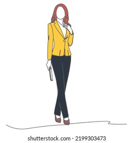 A young businesswoman standing and carrying  a wallet. full length portrait isolated on white background. Simple flat colored Continuous single line drawing vector illustration 