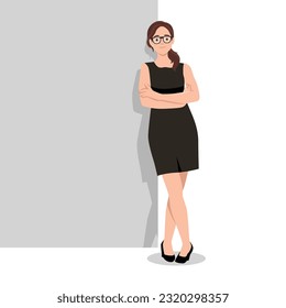 Young businesswoman standing and lean against wall, thinking something about new business company. Flat vector illustration isolated on white background