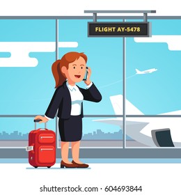 Young businesswoman standing with luggage wheeled boarding spinner at airport departure lounge & phone talking waiting flight. Executive manager woman going on business trip. Flat vector illustration.