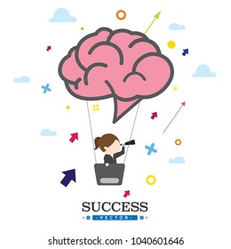 Young businesswoman standing on balloon shaped ball to find success.