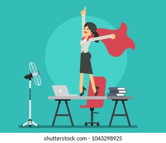 Young businesswoman standing on the desk like a super hero. Vector character design flat style.