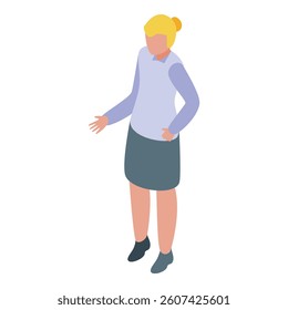 Young businesswoman is standing with one hand on her hip and the other gesturing