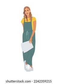 Joven empresaria con documentos de papel. Mujer bonita vestida de forma casual, secretaria, asistente, estudiante. Caricatura: ilustración realista del vector del carácter femenino aislada en fondo blanco