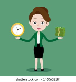 Young businesswoman is standing and trying to keep a balance between time and money, Cartoon vector illustration