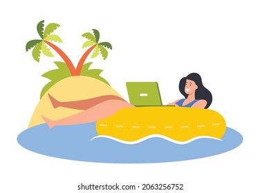 Young Businesswoman Swim on Inflatable Ring in Ocean Working on Laptop, Relax and Working on Tropical Beach. Woman Freelancer Distant Job, Female Character Freedom. Cartoon People Vector Illustration