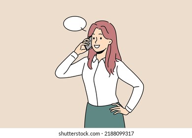 Young businesswoman talk on cellphone with client or customer. Smiling woman employee have cellphone conversation. Business communication. Vector illustration. 